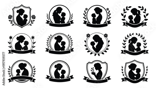Collection of 12 vintage style mother and child silhouettes in various ornate frames and floral designs on white background