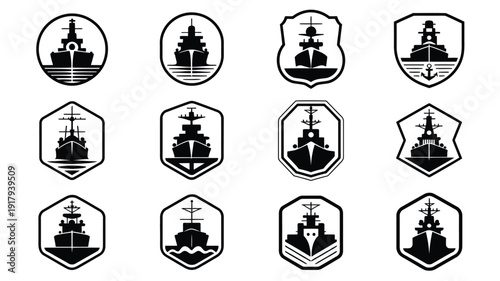 Collection of twelve vintage military ship emblems and badges with naval vessel silhouettes