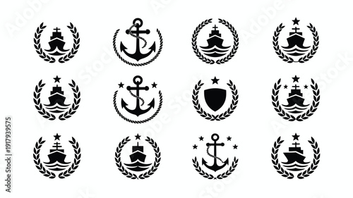 Navy crest style silhouettes with anchors ships and laurel wreaths on white background for design and branding