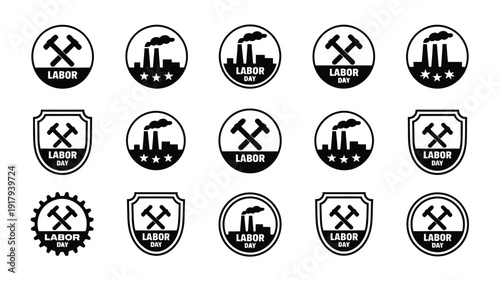 Collection of 12 vintage labor day symbols with crossed hammers and industrial icons on white background