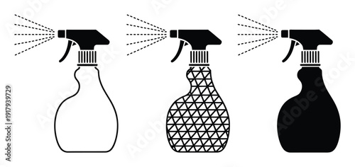 Three Spray Bottles: Outline, Patterned, and Solid Black Icons