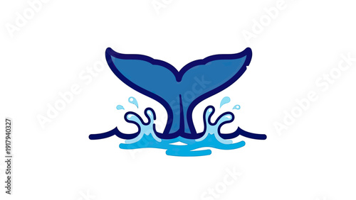 A blue whale tail breaches the water, creating splashes and a clear background