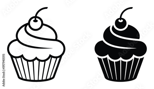 Two stylized cupcake icons, one outlined and one solid black, with cherry topping