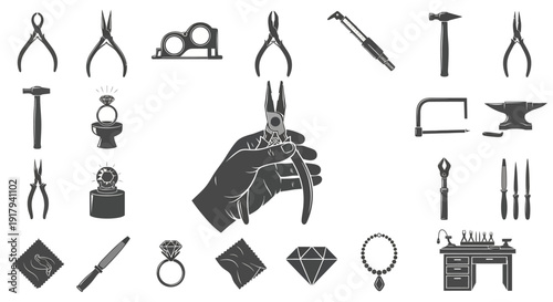 Jewelry making tools and accessories glyph icon collection. Includes pliers, hammer, saw, anvil, ring, diamond, and necklace symbols. Created in solid black and white style with gray details.