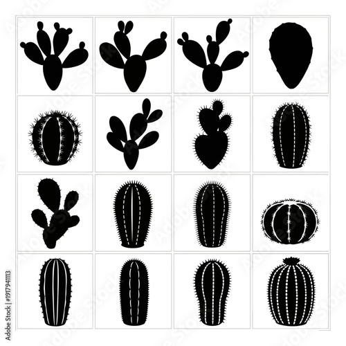 Cactus silhouette icon collection. Includes prickly pear, saguaro, barrel, and cereus cactus symbols. Created in solid black vector style with a monochrome palette.