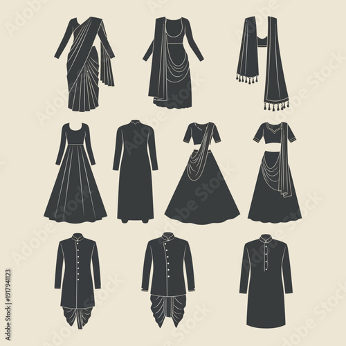 Indian traditional clothing vector collection. Includes saree, anarkali, salwar kameez, lehenga choli, sherwani, and kurta pajama garments. Created in flat silhouette style with charcoal gray
