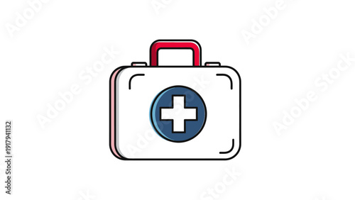 A first aid kit illustration with a white cross on a blue circle. It has a red handle