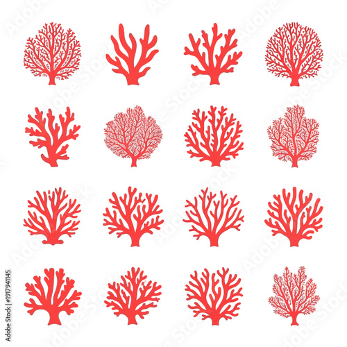 Red coral vector icon collection. Includes various types of marine coral, sea plants, and underwater reef elements. Created in flat silhouette style with a vibrant red color palette.