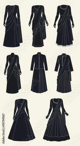Indian traditional clothing vector collection. Includes saree, lehenga, kurta, and sherwani garments. Created in flat style with a dark charcoal and beige palette.