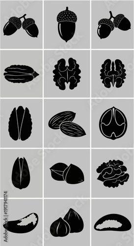Nuts and seeds glyph icon collection. Includes acorn, pecan, walnut, pistachio, almond, hazelnut, brazil nut, and peanut symbols. Created in solid black silhouette style with a gray background.
