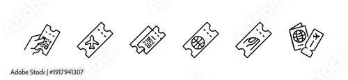 voucher ticket icon line set. Entry pass coupon for flight, sport, train, event, cinema, transport, hand holding access ticket signs vector illustration
