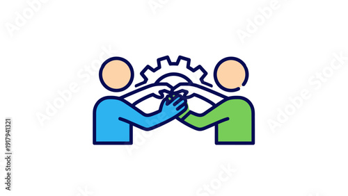Abstract illustration depicting two figures in teamwork with a cogwheel element