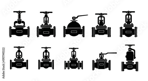 Industrial valve black silhouette icon collection. Includes gate, globe, check, ball, plug, butterfly, and diaphragm valve symbols. Created in solid black flat style with white background.