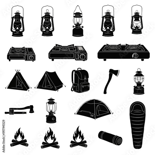 Camping and hiking glyph icon collection. Includes lanterns, portable stoves, tents, backpack, axe, sleeping bag, and campfires symbols. Created in solid black style with monochrome palette.