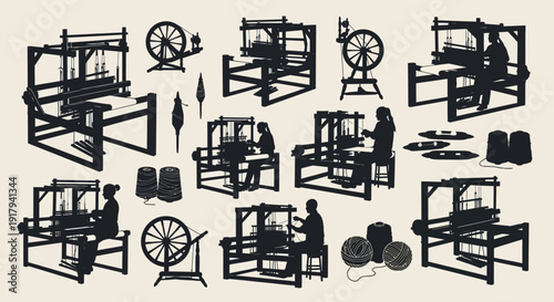 Textile weaving and spinning industry icon collection. Includes looms, spinning wheels, weavers, yarn, thread, and shuttles symbols. Created in silhouette style with black and white palette.