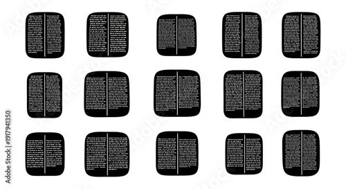 Fifteen black and white vector icons representing text documents or files. Each icon features a rounded rectangular shape with internal lines simulating text content