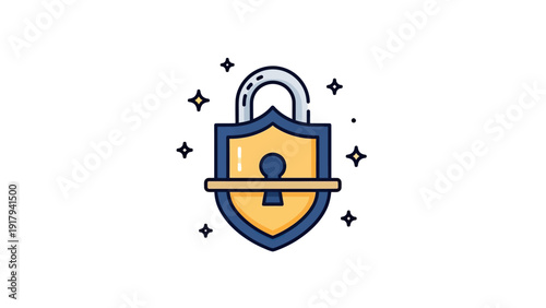 A stylized lock in the shape of a shield. It has a keyhole and is surrounded by stars