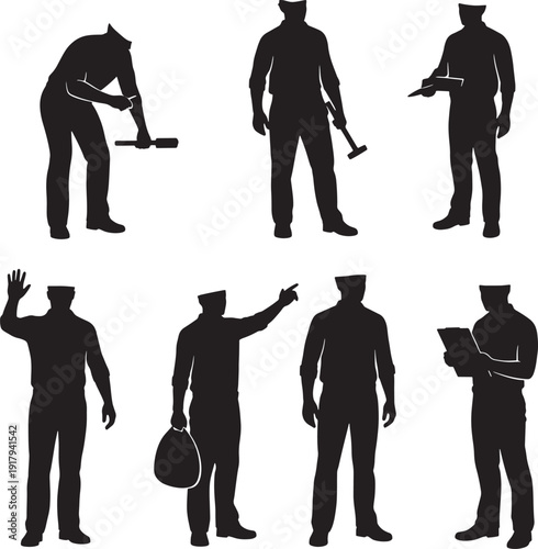 Silhouettes of construction workers in various poses and actions on white background