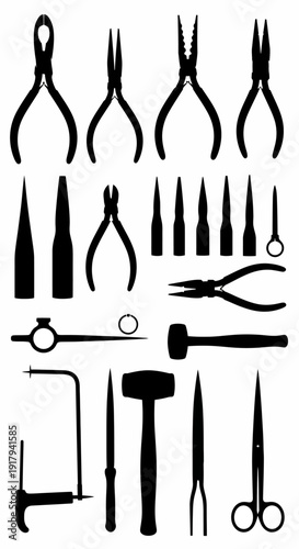 Jewelry making tools silhouette collection. Includes pliers, cutters, files, hammers, saws, and scissors for crafting. Created in solid black vector style with a monochrome palette.