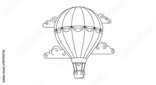 Majestic Hot Air Balloon Gracefully Floating Educational Transport Coloring Page. transparent.
