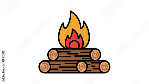 A colorful, stylized illustration of a campfire with burning flames and stacked logs