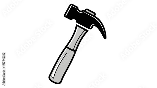 Illustration of a hammer with a black head and grey handle on a white background