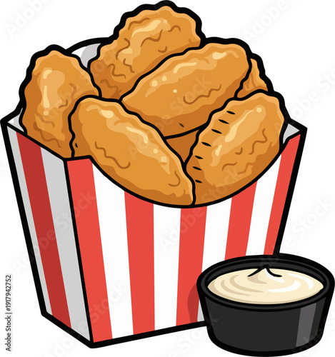 Chicken Nuggets in Striped Takeout Box with Dipping Sauce — Crispy Fast Food Snack Cartoon Vector Illustration