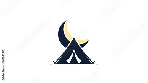 Stylized camping illustration features a tent beneath a crescent moon in a minimalistic design