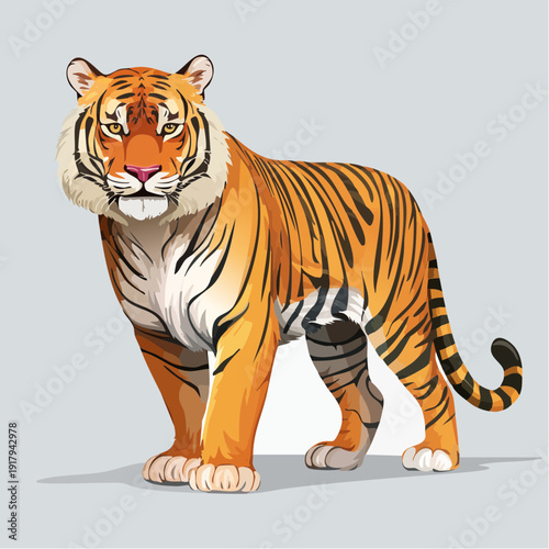 Majestic and powerful tiger illustration, a stunning depiction of a wild feline predator with distinctive orange and black stripes, embodying strength and grace