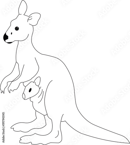 Kangaroo with Baby Joey in Pouch Coloring Page – Cute Animal Line Art Illustration 