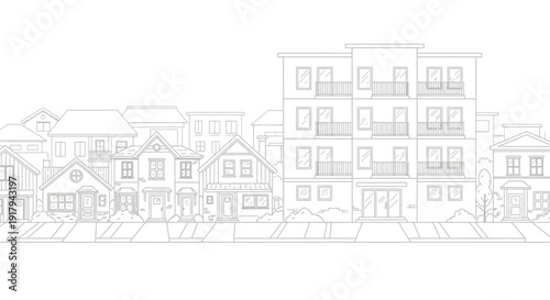 Line drawing of various residential buildings and houses in a neighborhood.