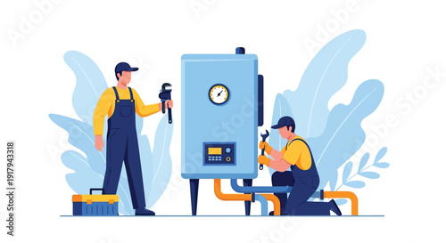 Two workers in blue overalls inspect a large blue boiler. One stands with a wrench; the other kneels, adjusting pipes. A toolbox is nearby.