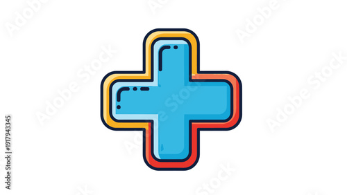 A blue cross icon with a red and yellow outline on a white background