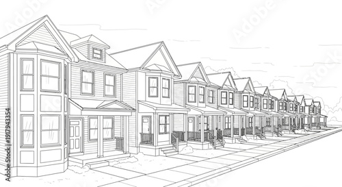 Row of modern suburban homes with uniform architectural design.