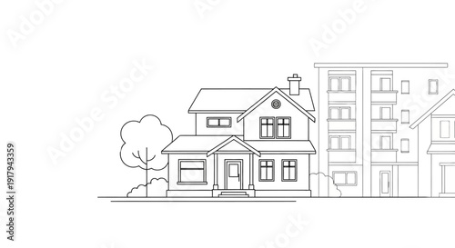 Simple line drawing of a suburban house and apartment building.