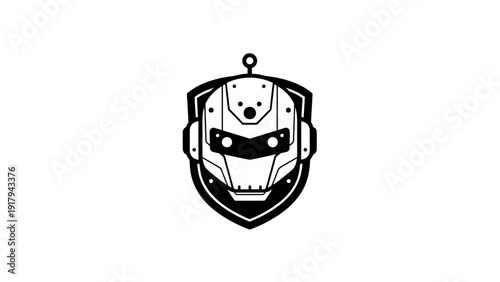 Black and white graphic of a robot head within a shield shape. Includes a top loop