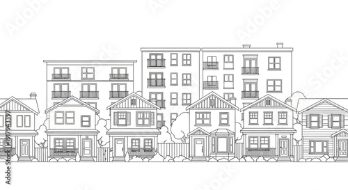 Detailed black and white illustration of a row of houses and buildings.