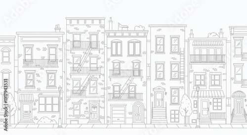 Detailed line drawing of a row of urban residential buildings.