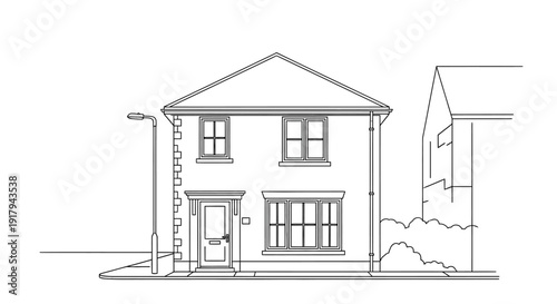 Simple line drawing of a two-story house with a pitched roof and neighboring building.