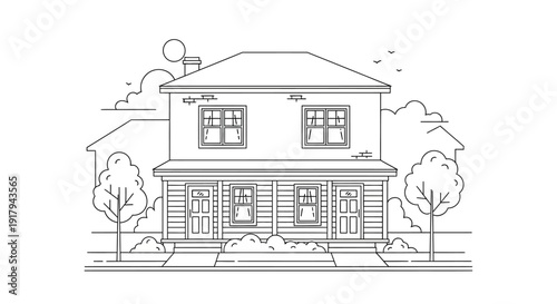Simple black and white line drawing of a two-story house with a garden.