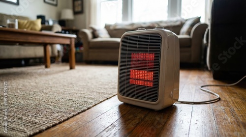 Wallpaper Mural Cozy living room with portable electric heater on wooden floor enhancing warmth and comfort Torontodigital.ca