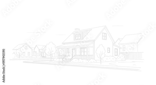 Detailed architectural sketch of a modern suburban house with neighboring buildings.