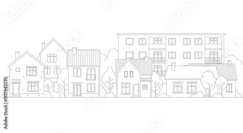 Simple line drawing of a row of houses and buildings.