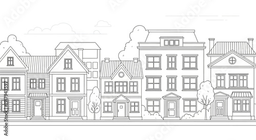 Row of houses in a suburban neighborhood with varying architectural styles.