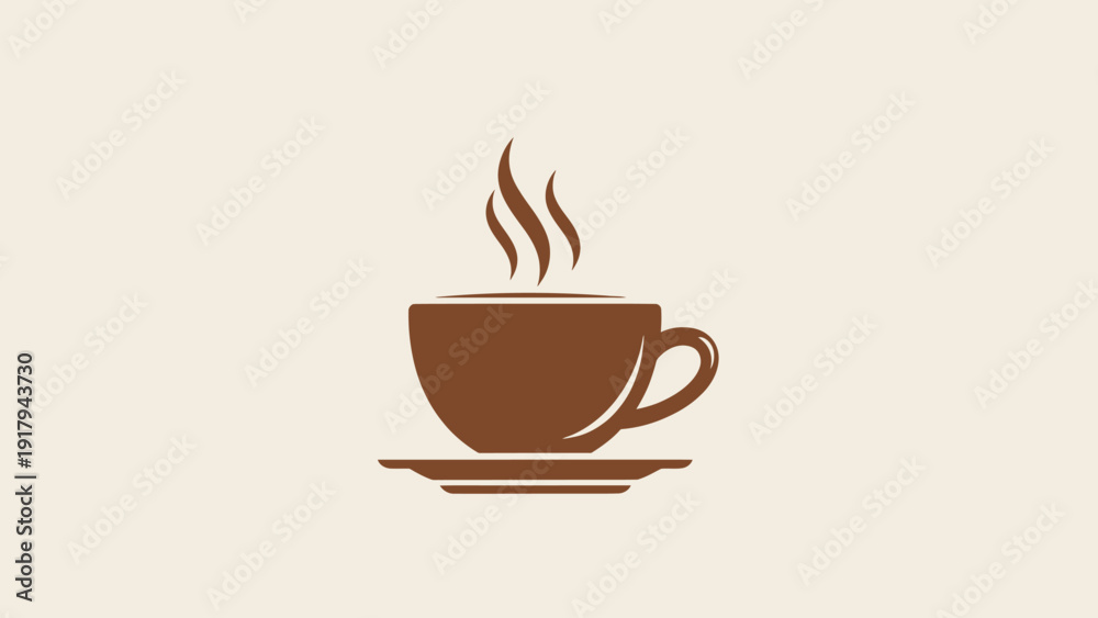 Obraz premium A brown coffee cup on a saucer, with steam rising against a beige backdrop