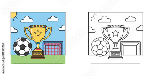 Soccer Champion Trophy with Ball and Goal Net Illustration - Colored and Line Art Coloring Page for Kids Sport Victory Achievement Concept
