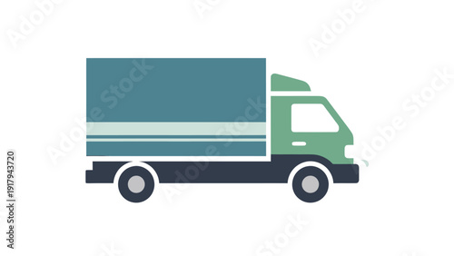 A side view illustration of a delivery truck in various shades of blue and green