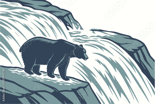 A solitary bear stands on a rocky precipice overlooking a powerful waterfall, embodying the raw beauty of wilderness.