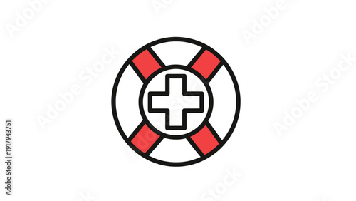 A lifebuoy icon with red accents and a white cross, isolated on a white background