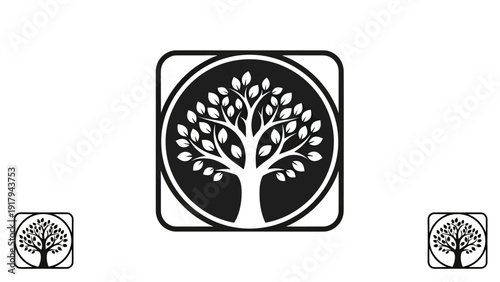 A black and white emblem of a tree within a circle and a rounded square, with smaller copies